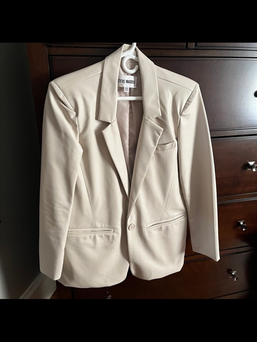 Steve Madden Light Cream Single-Button Faux leather blazer.